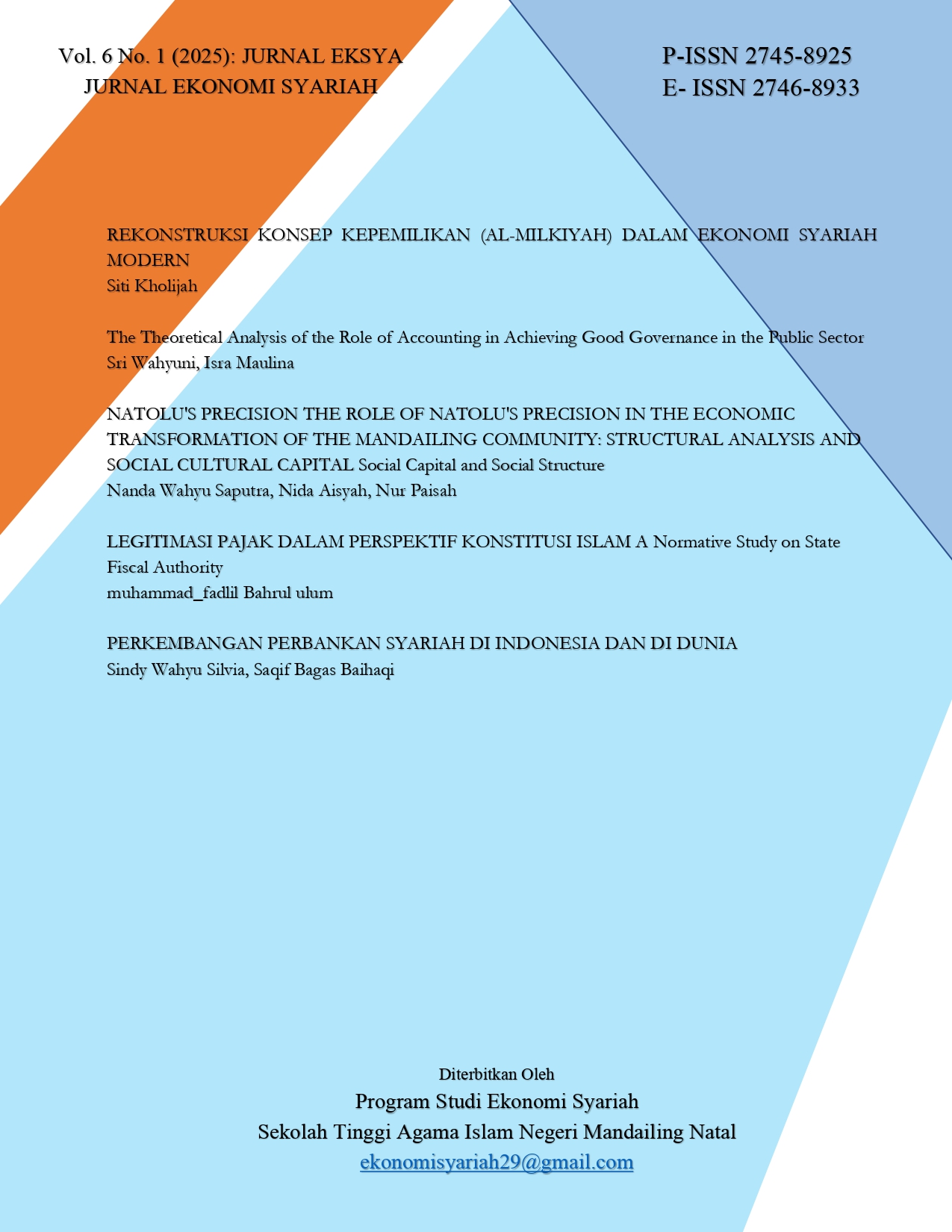 					View Vol. 6 No. 1 (2025): JURNAL EKSYA: JURNAL EKONOMI SYARIAH
				