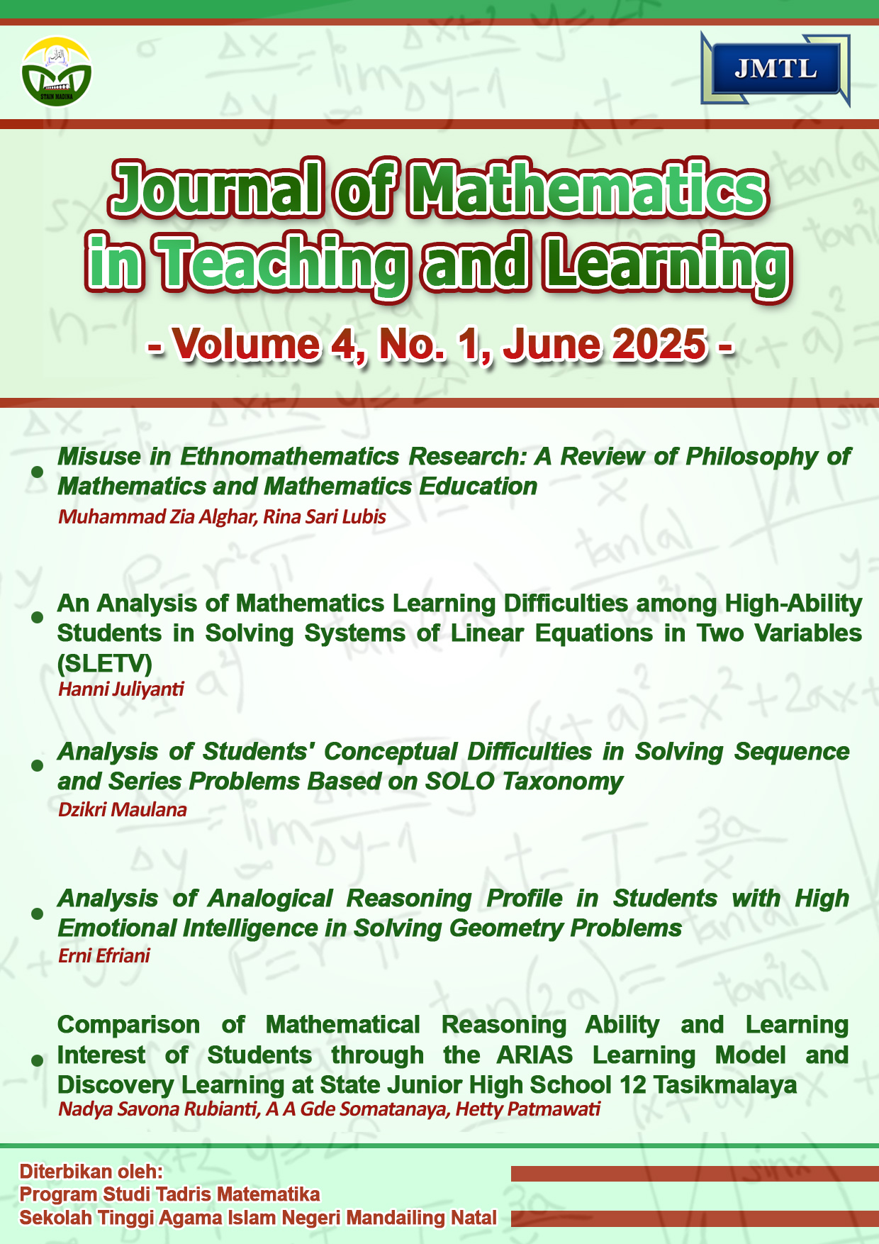 					View Vol. 4 No. 1 (2025): Journal of Mathematics in Teaching and Learning - June 2025
				